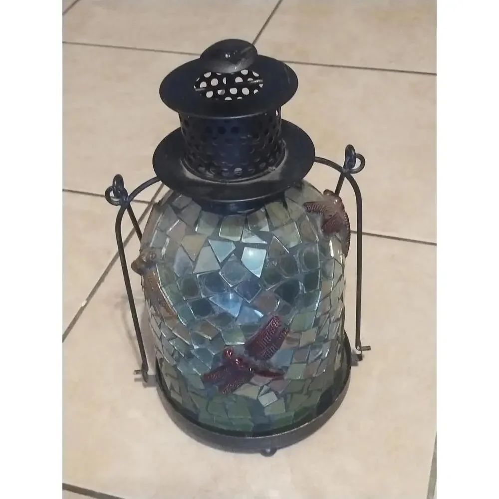 Dragonfly Mosaic Glass Garden Patio Tea‎ Light Holder Lantern with Handle